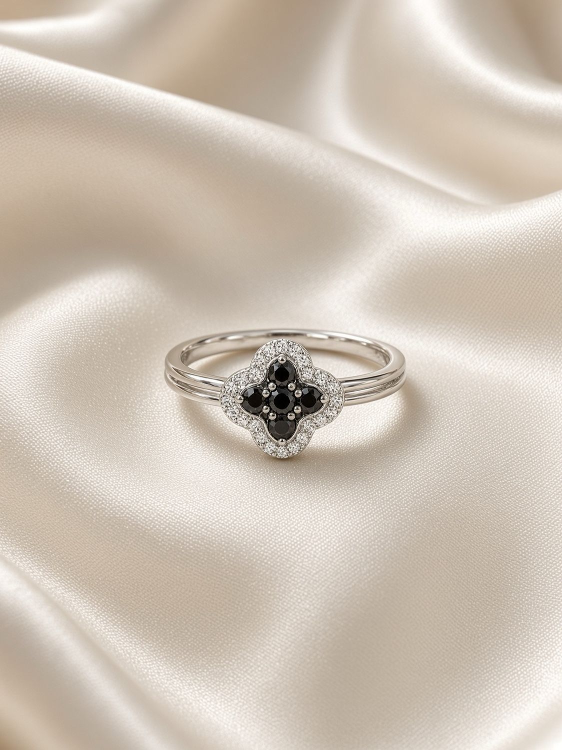 Black &amp; White Diamond Clover Ring