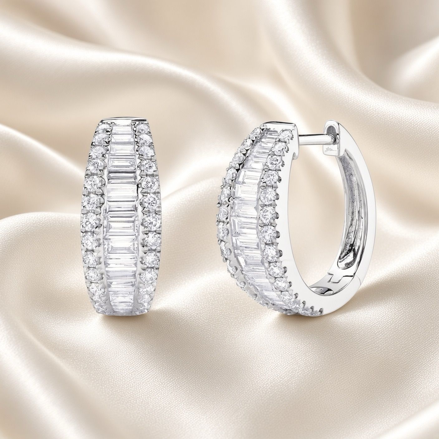 14K W/G Diamond Baguette Huggie Earrings, D: 1.06ct