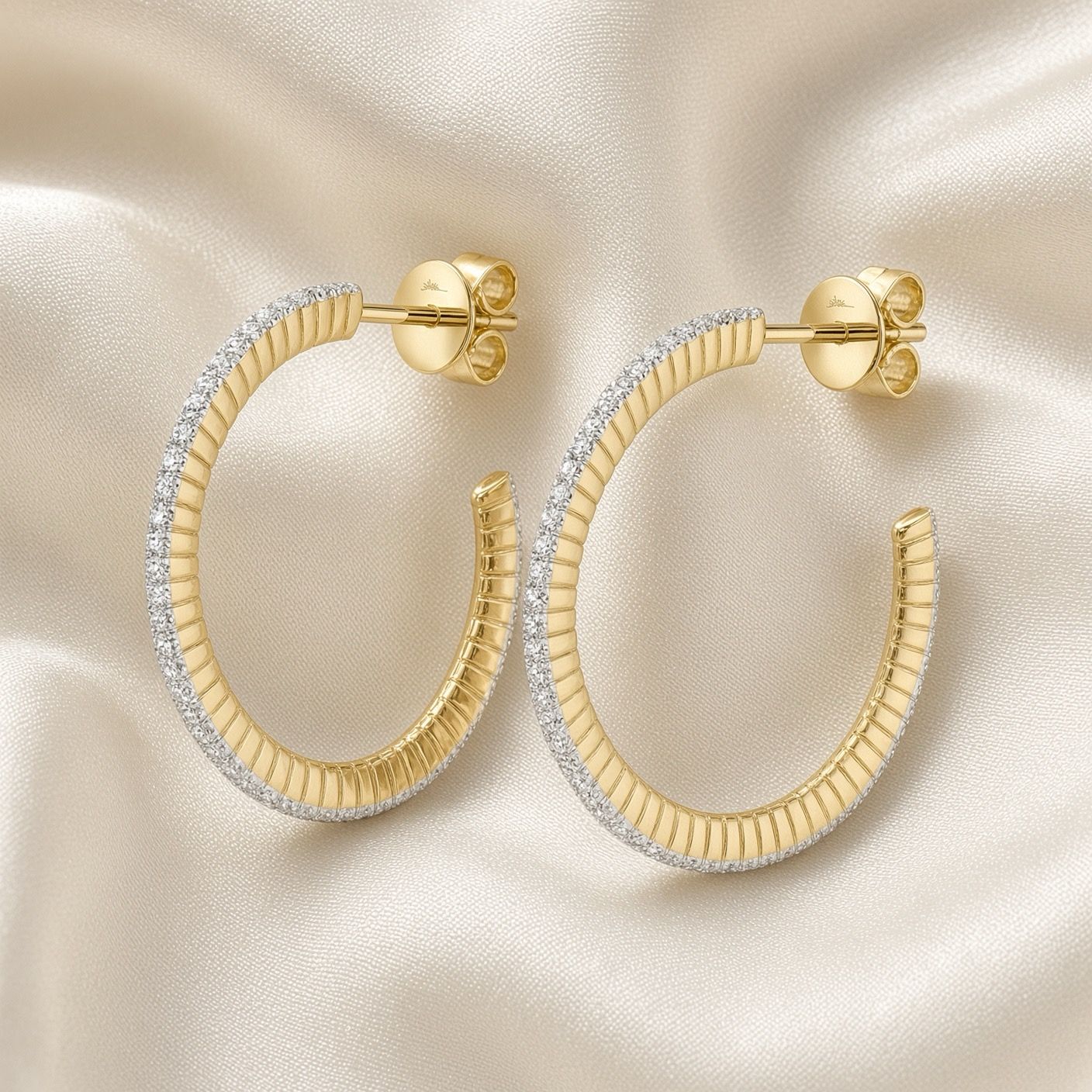 14K Y/G Diamond Ribbed Hoop Earrings, D: 0.36ct