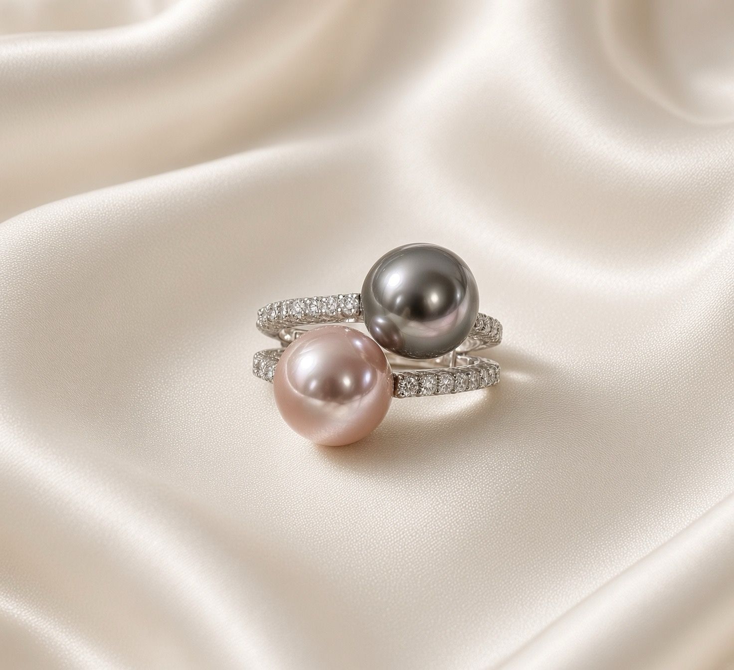 Double Pearl &amp; Diamond Bypass Ring