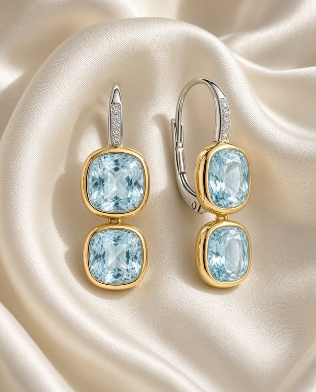 Double Light Blue Cushion Dangle Earrings