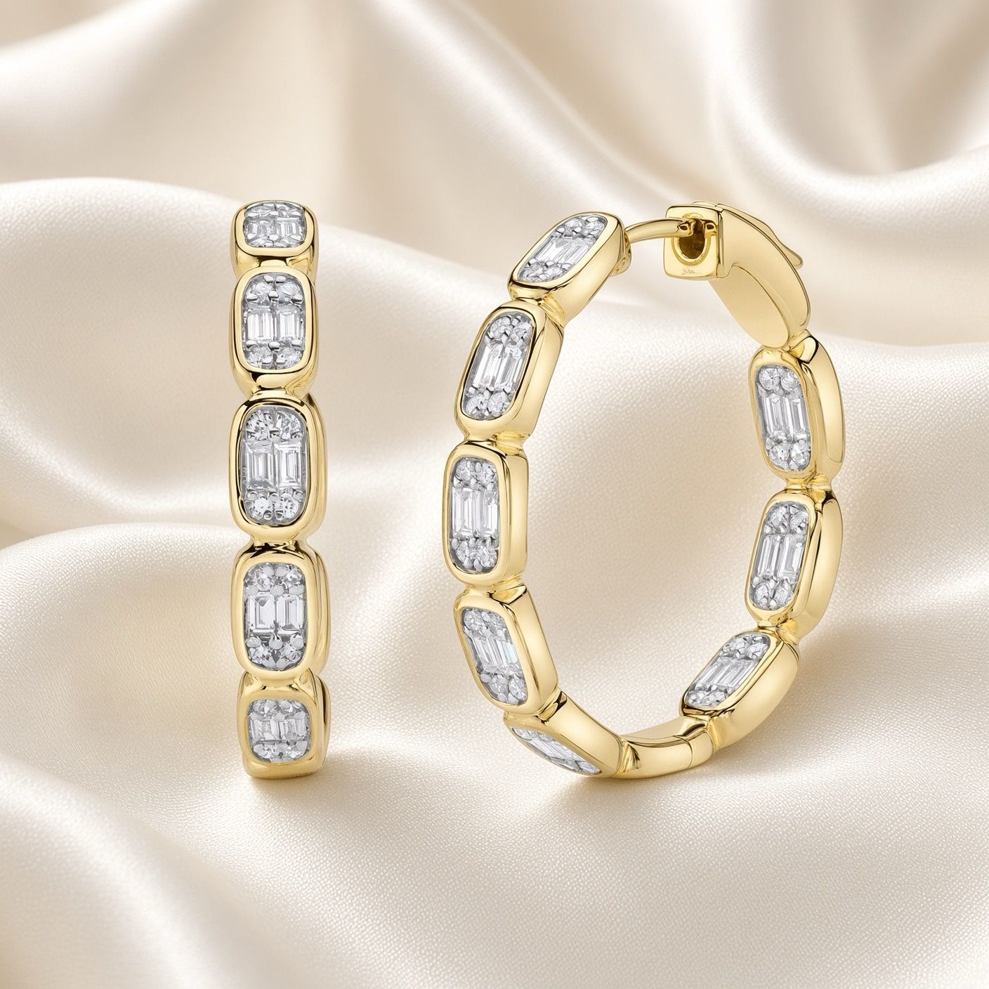 14K Y/G Baguette Diamond Hoop Earrings, D: 0.90ct