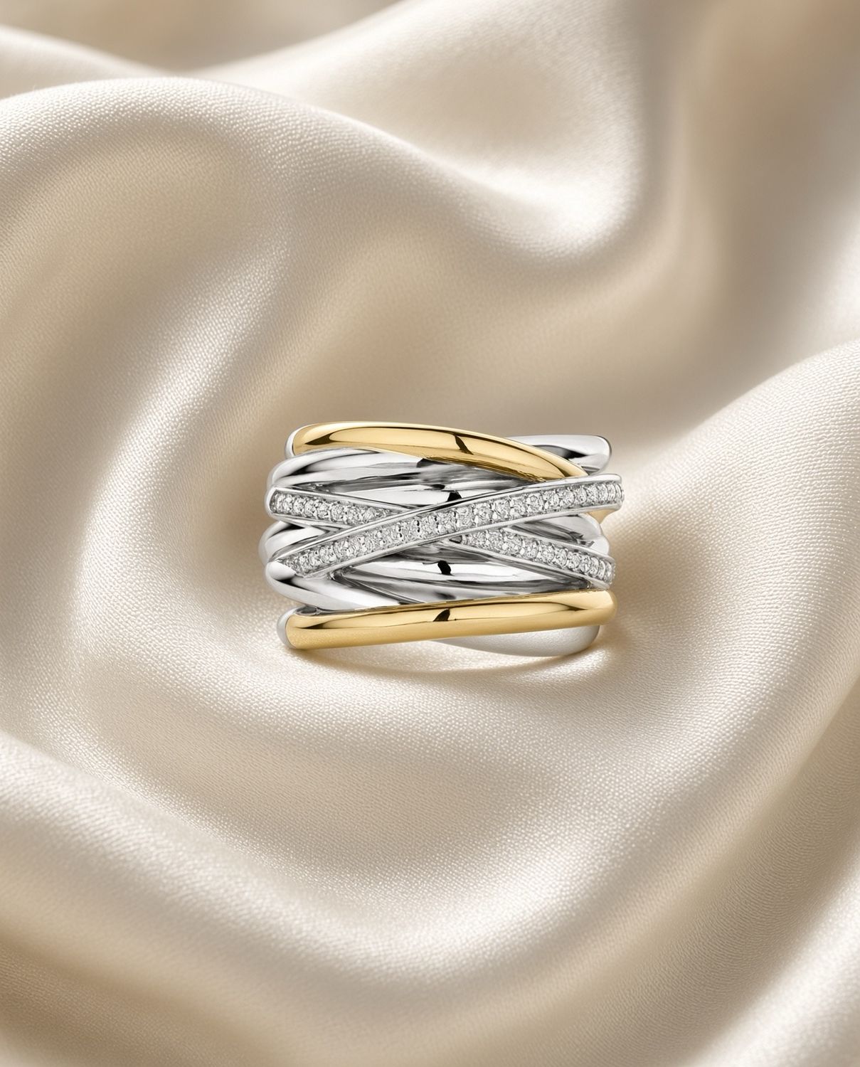 2 tone Cross Over Ring with Zirconia