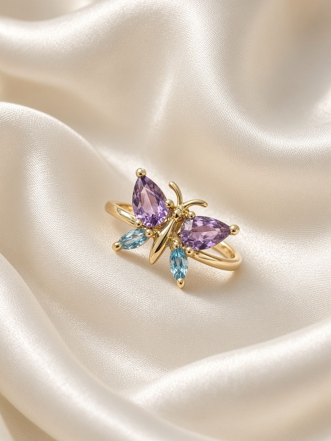Amethyst &amp; Blue Topaz Butterfly Ring