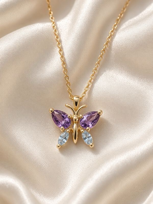 Amethyst &amp; Blue Topaz Butterfly Pendant