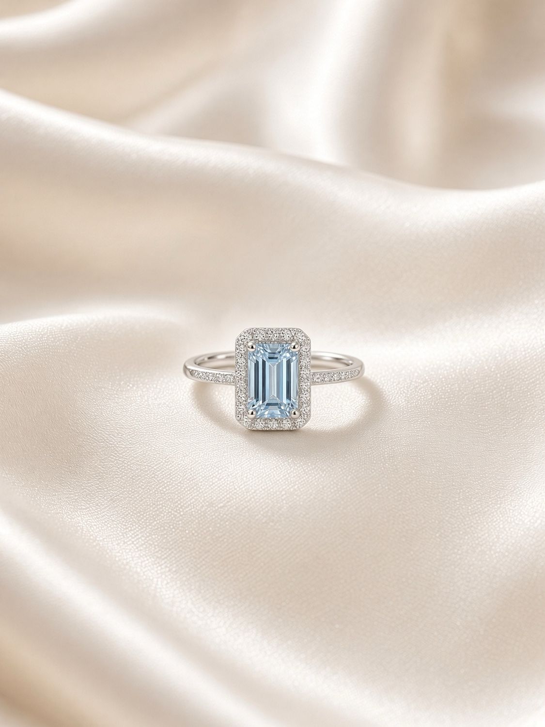 Aquamarine Solitaire Halo Ring