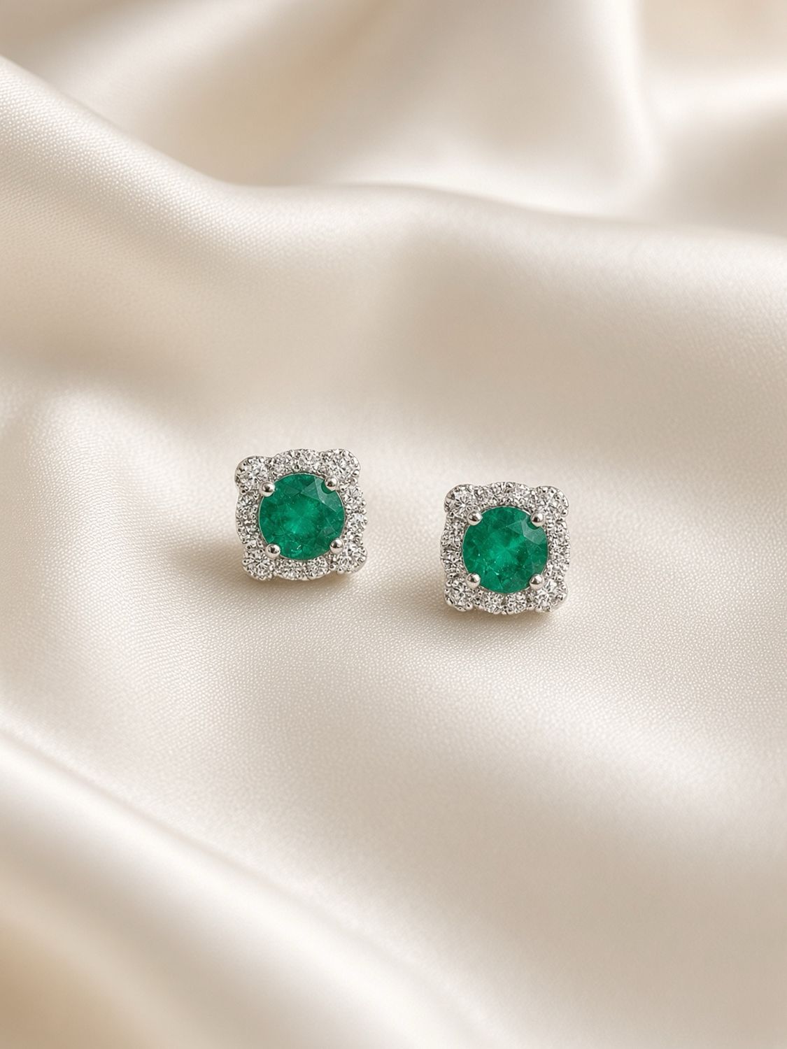 Emerald &amp; Diamond Fancy Halo Studs