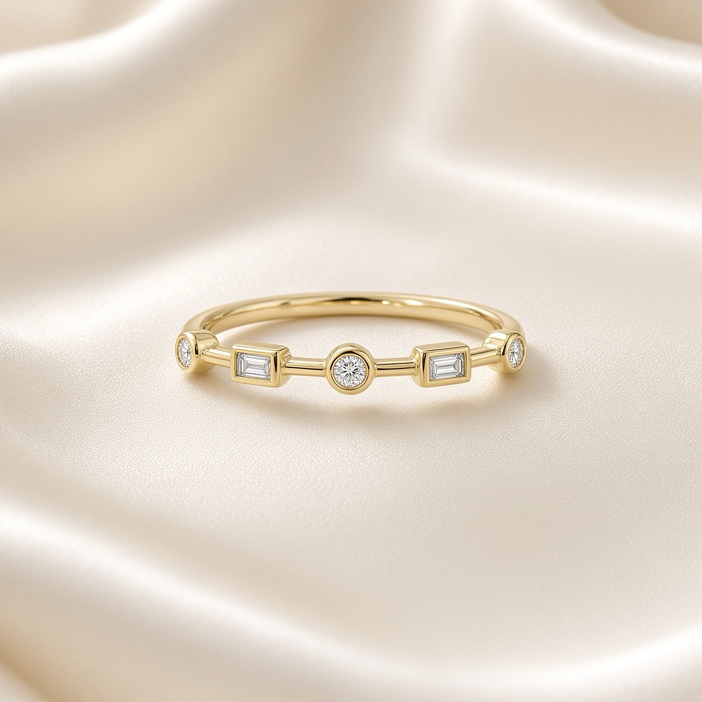 14K Y/G Baguette &amp; Round Stackable Ring, D: 0.08ct
