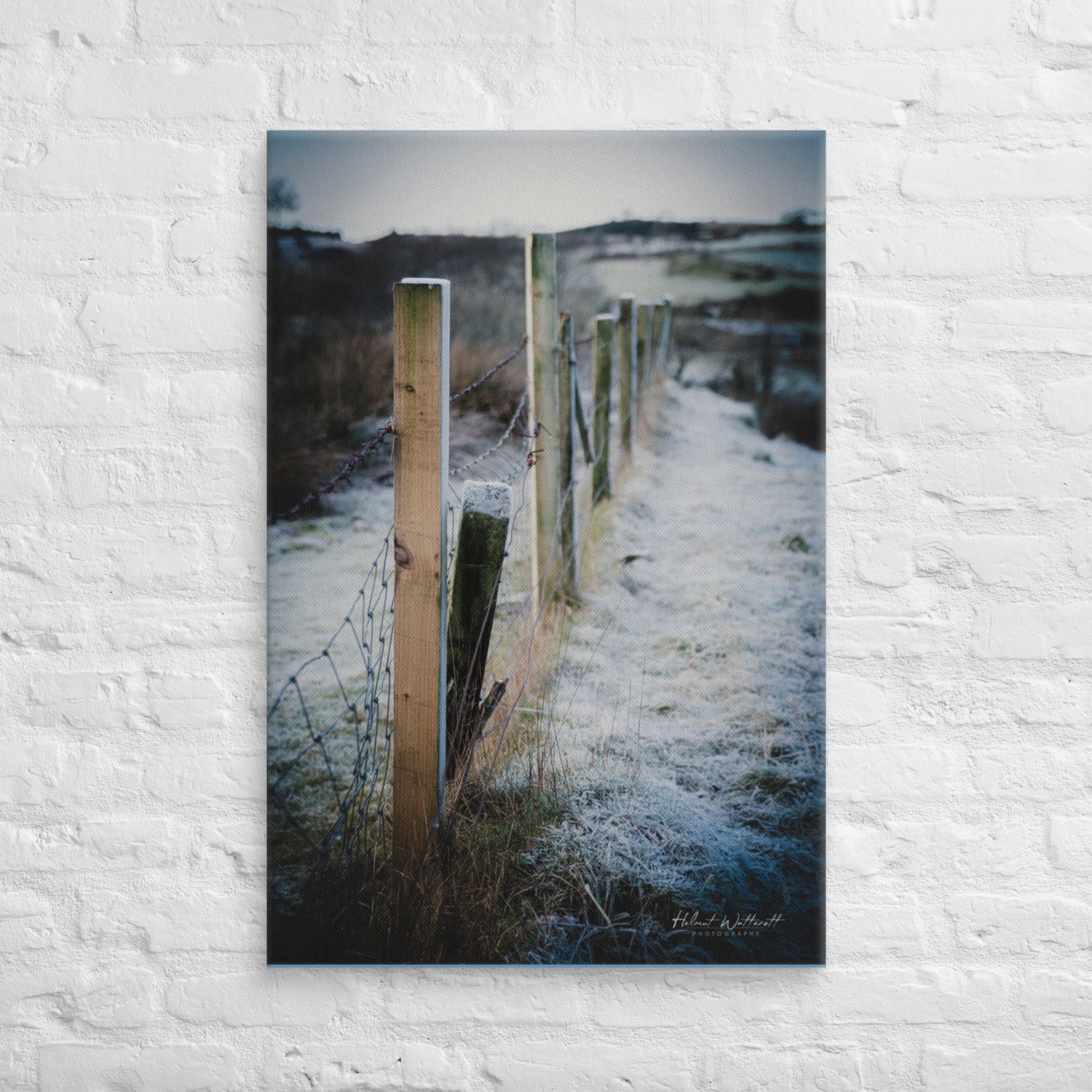Fence Post in frosty Scottish rural landscape Canvas Print