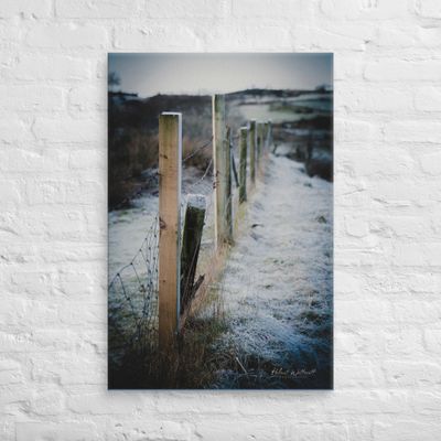Fence Post in frosty Scottish rural landscape Canvas Print