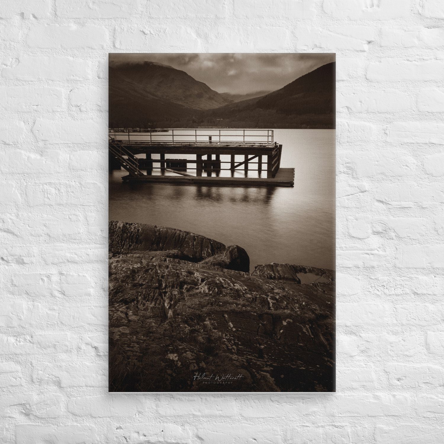 Sepia tone photo of a pier on Loch Lomond Canvas Print