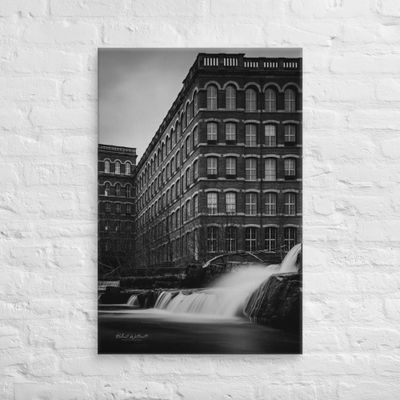 Paisley Mills building and waterfall wall art Canvas Print Black and White
