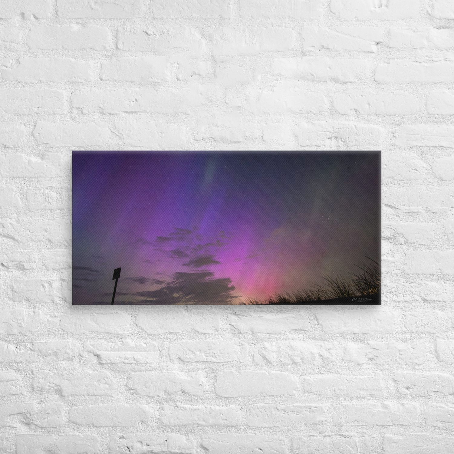 Aurora over street sign, Loch Thom, Scotland,