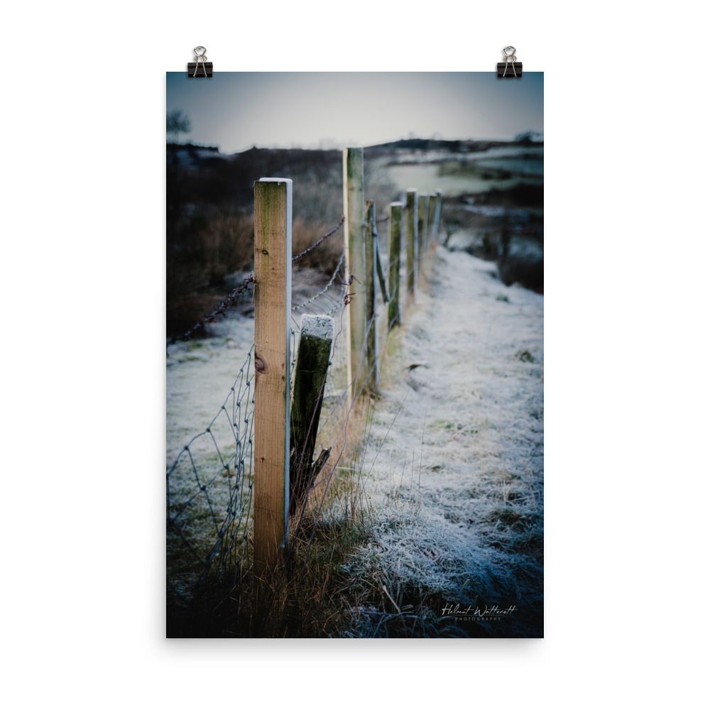 Rural Scottish fence post in winter wall art photo paper poster print
