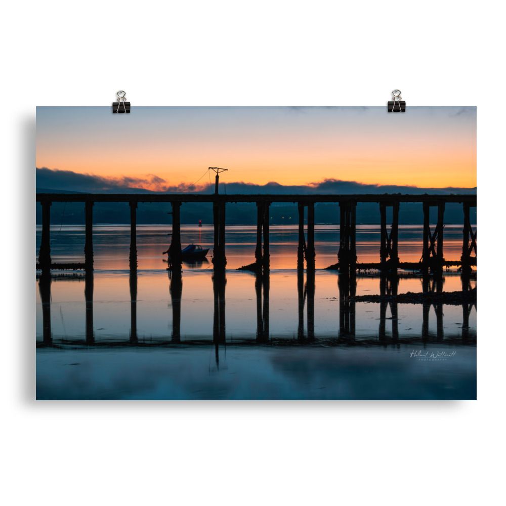 Boat and abandoned pier and sunrise in Scotland wall art photo paper poster print