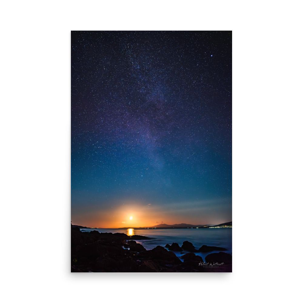 Moon setting over the river Clyde with the Milkyway and stars wall art photo paper poster print