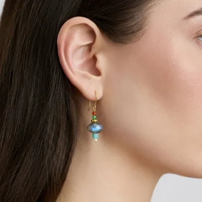 Boucles d’oreilles Labradorite, Amazonite, Cornaline, Aventurine verte &amp; Perle – Argent 925 plaqué Or
