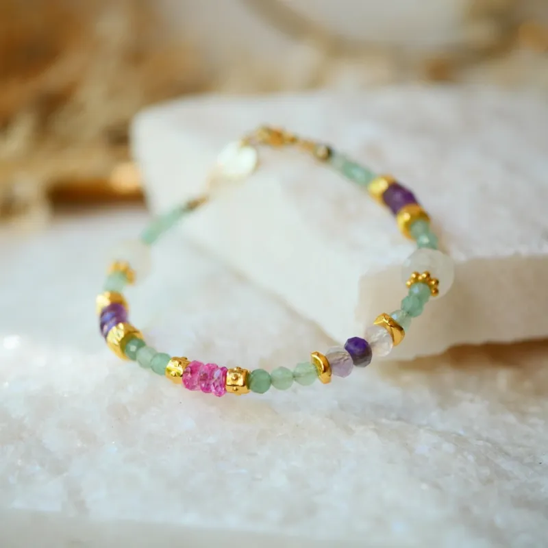 Bracelet Aventurine, Pierre de Lune, Améthyste & Topaze Rose