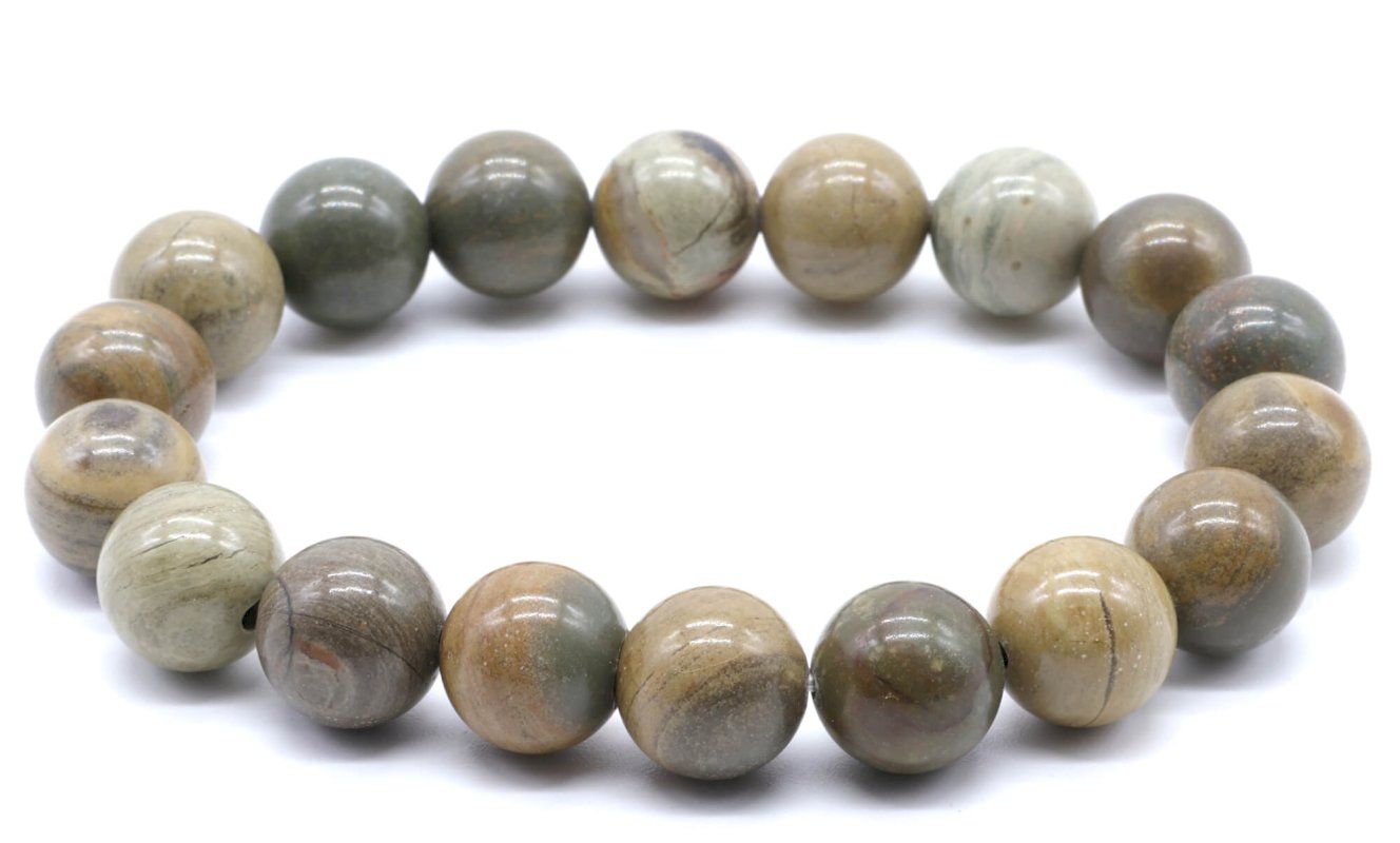 Bracelet Jaspe Feuille d’Argent – Perles 10 mm