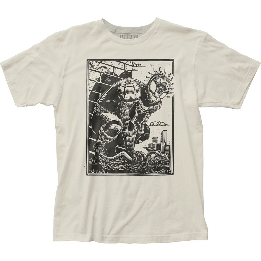 Spider-Man Woodcut Mens T Shirt Vintage White Retro Pop Classics
