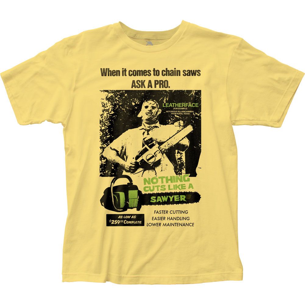 Texas Chainsaw Massacre Cuts Like a Sawyer Mens T Shirt Yellow Retro Pop Classics