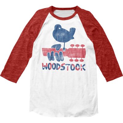 Woodstock Dove &amp; Guitar Mens Raglan Baseball T Shirt White Red Retro Pop Classics