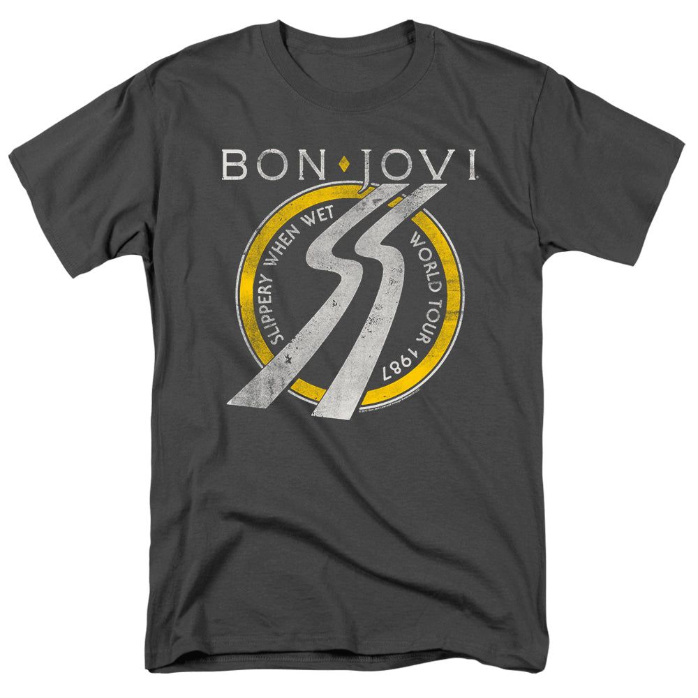 Sticker &amp; Shirt Bon Jovi Slippery When Wet World Tour Mens T Shirt Charcoal Band349 Stk1 8 Retro Po…