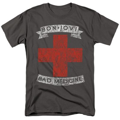 Sticker &amp; Shirt Bon Jovi Bad Medicine Mens T Shirt Charcoal Band348 Stk1 8 Retro Pop Classics