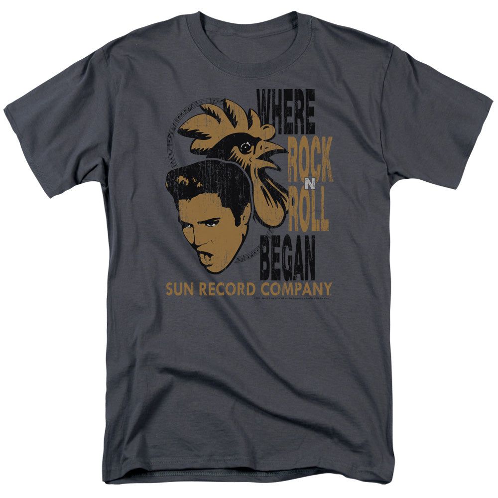 Sun Records Elvis And Rooster Mens T Shirt Charcoal Retro Pop Classics