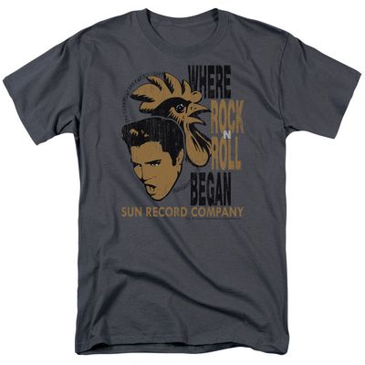 Sun Records Elvis And Rooster Mens T Shirt Charcoal Retro Pop Classics