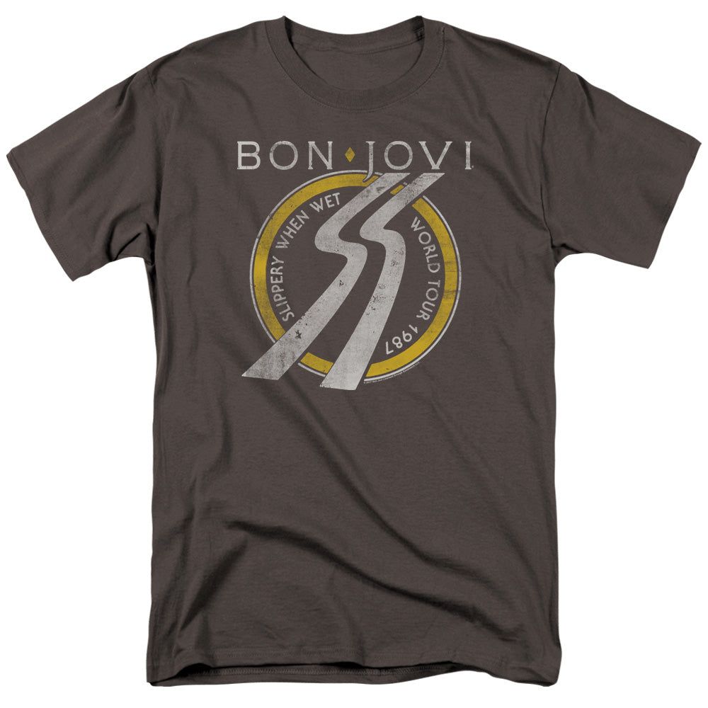 Bon Jovi Slippery When Wet World Tour Mens T Shirt Charcoal Retro Pop Classics