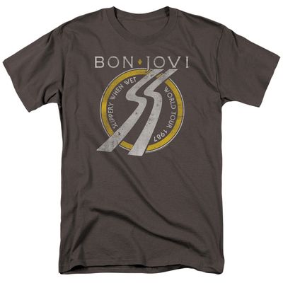 Bon Jovi Slippery When Wet World Tour Mens T Shirt Charcoal Retro Pop Classics