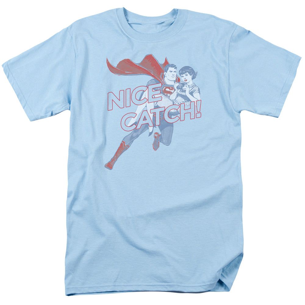 Superman Nice Catch Mens T Shirt Light Blue Retro Pop Classics