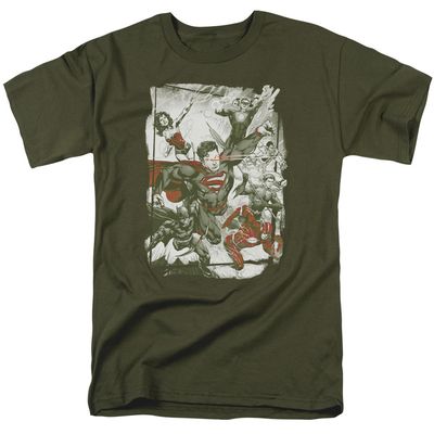 Justice League Green and Red Mens T Shirt Military Green Retro Pop Classics