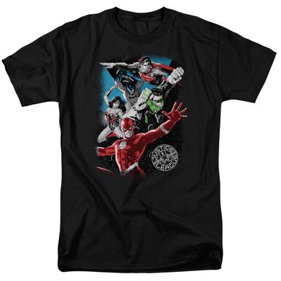 Justice League Galactic Attack Mens T Shirt Black Retro Pop Classics