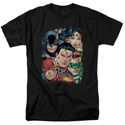 Justice League Up Close and Personal Mens T Shirt Black Retro Pop Classics
