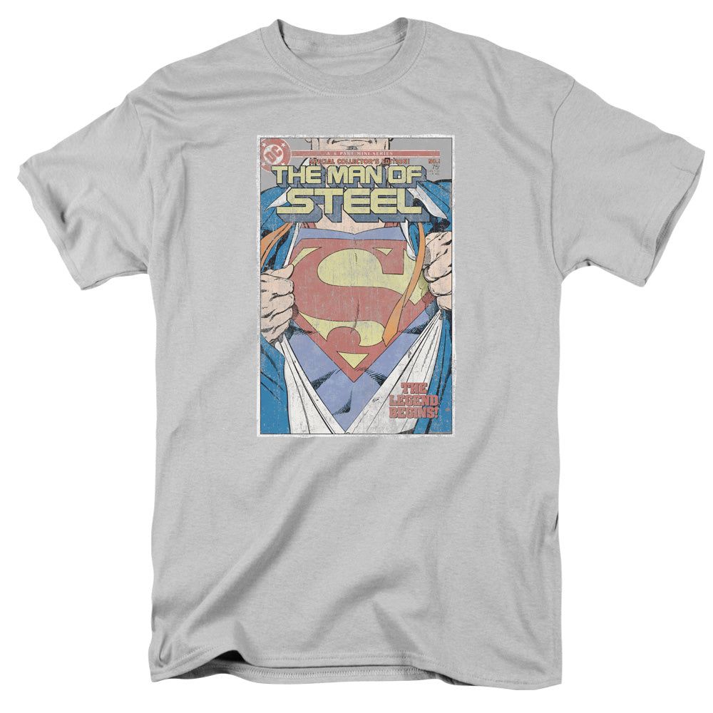 Superman Mos Cover Mens T Shirt Silver Retro Pop Classics