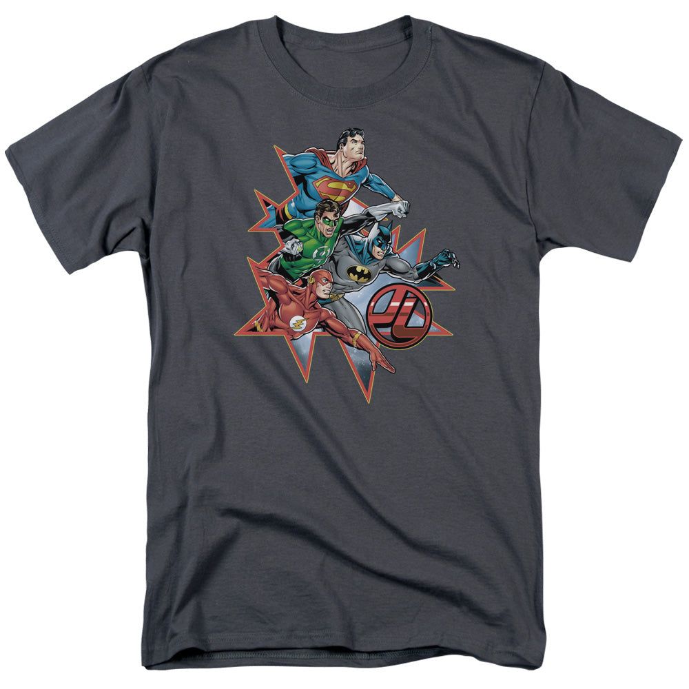 Justice League Starburst Mens T Shirt Charcoal Retro Pop Classics
