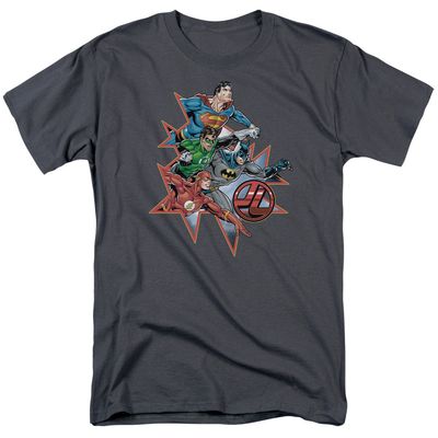 Justice League Starburst Mens T Shirt Charcoal Retro Pop Classics