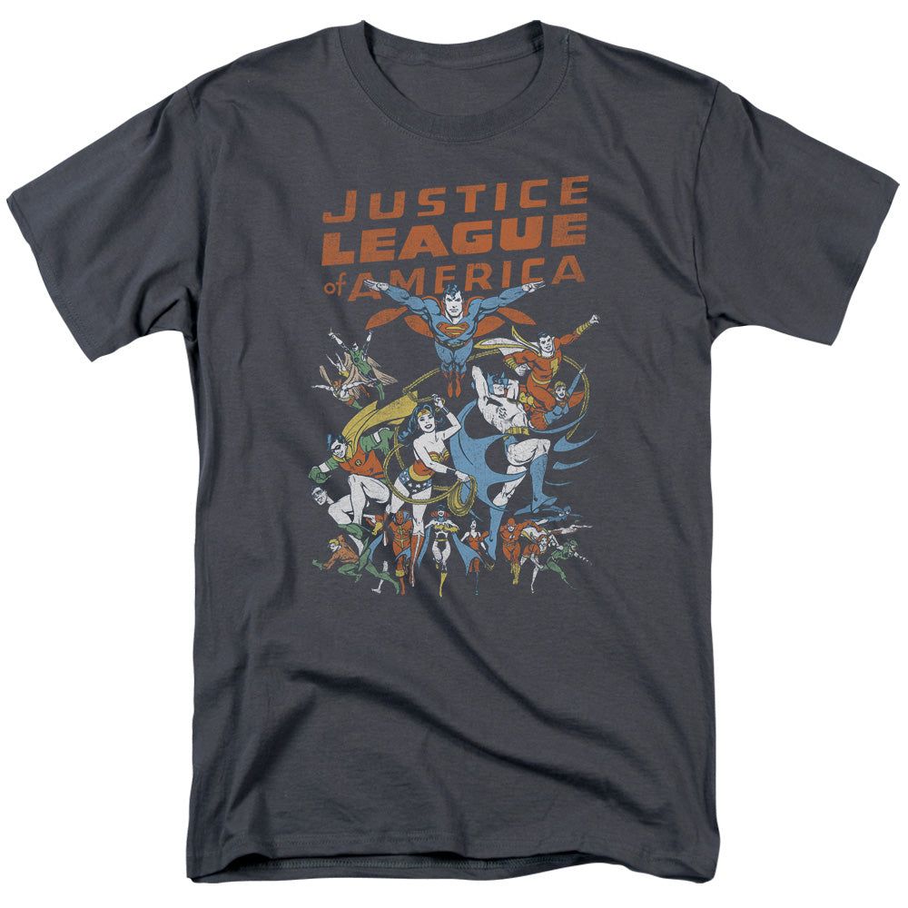 Justice League Big Group Mens T Shirt Charcoal Retro Pop Classics