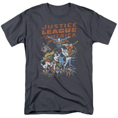 Justice League Big Group Mens T Shirt Charcoal Retro Pop Classics