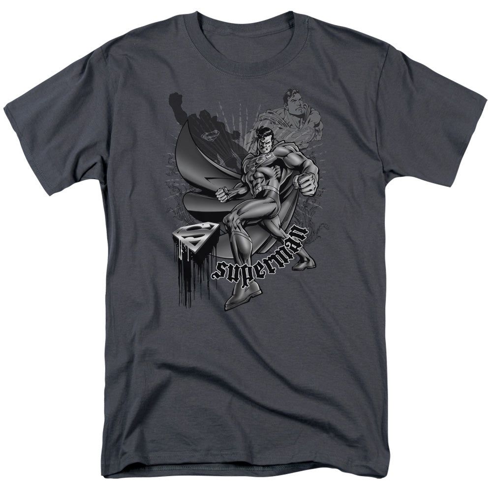 Superman Fight And Flight Mens T Shirt Charcoal Retro Pop Classics