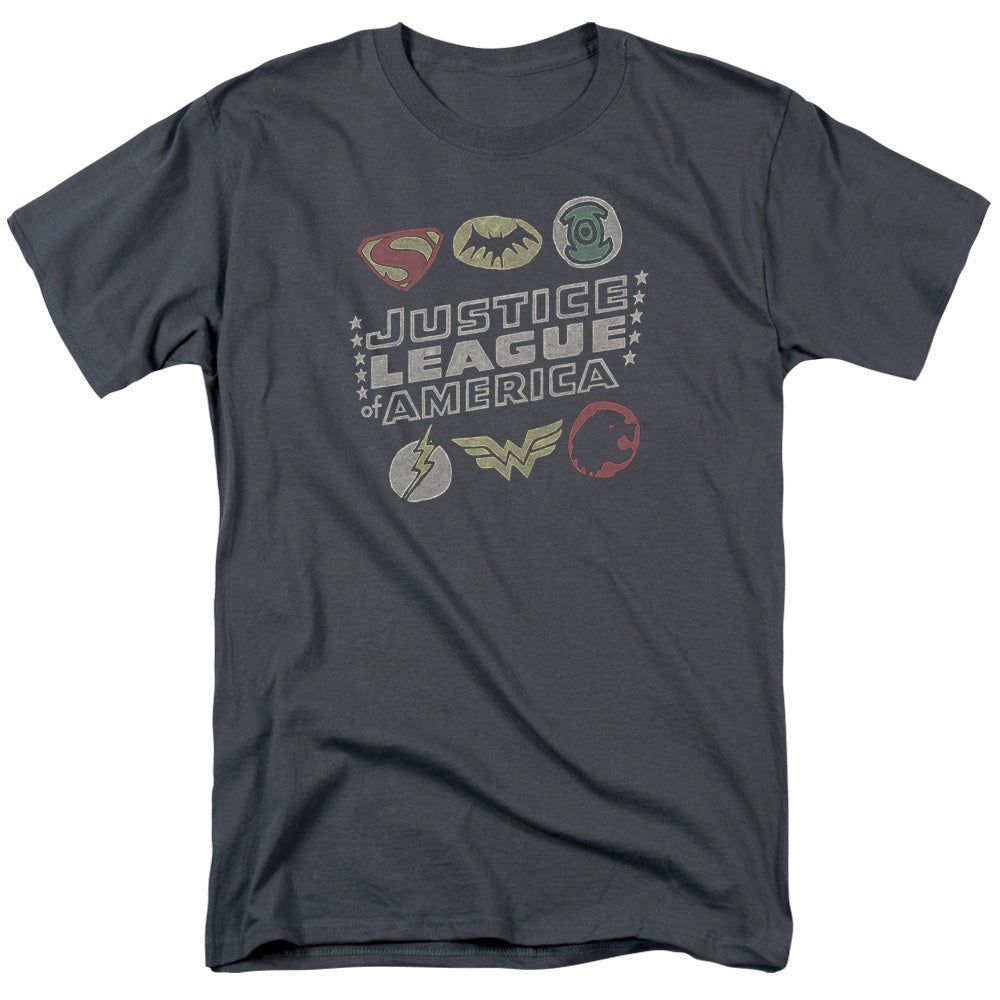 Justice League Symbols Mens T Shirt Charcoal Retro Pop Classics