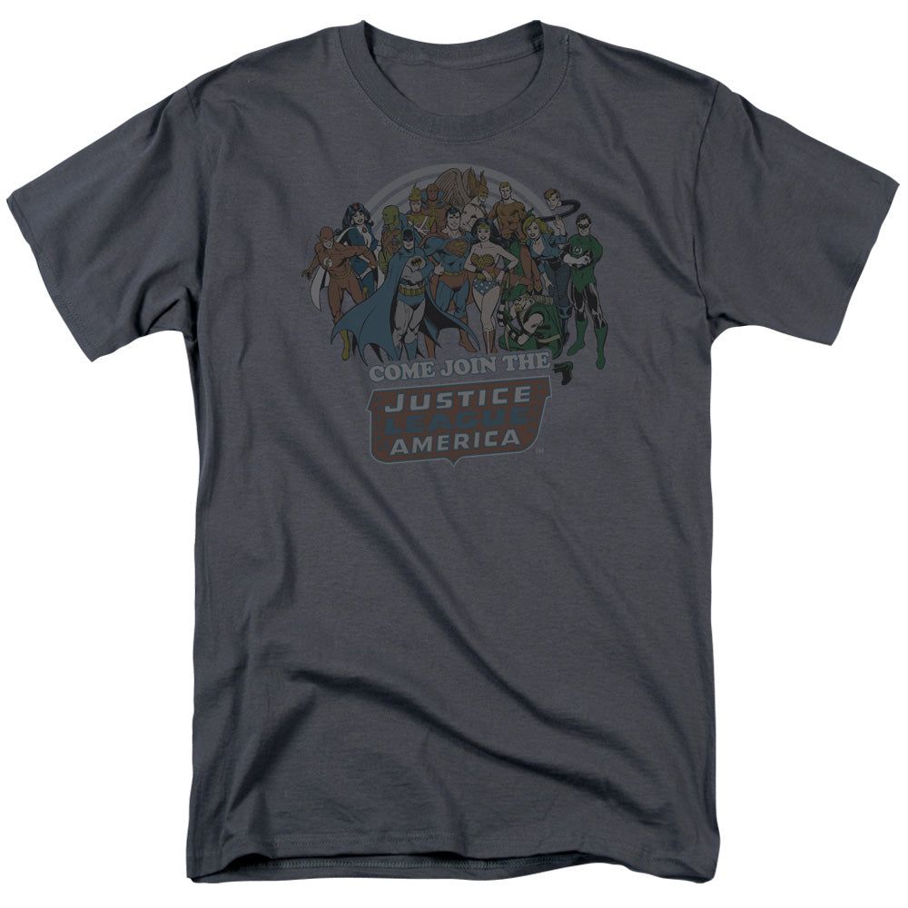 Dc Join The Justice League Mens T Shirt Charcoal Retro Pop Classics