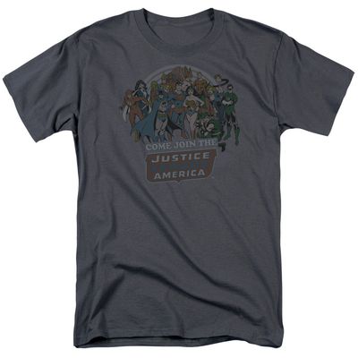 Dc Join The Justice League Mens T Shirt Charcoal Retro Pop Classics