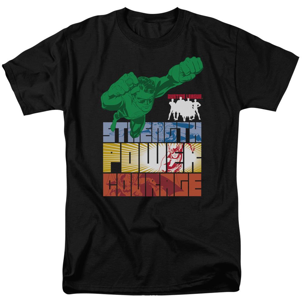 Justice League Heroic Qualities Mens T Shirt Black Retro Pop Classics