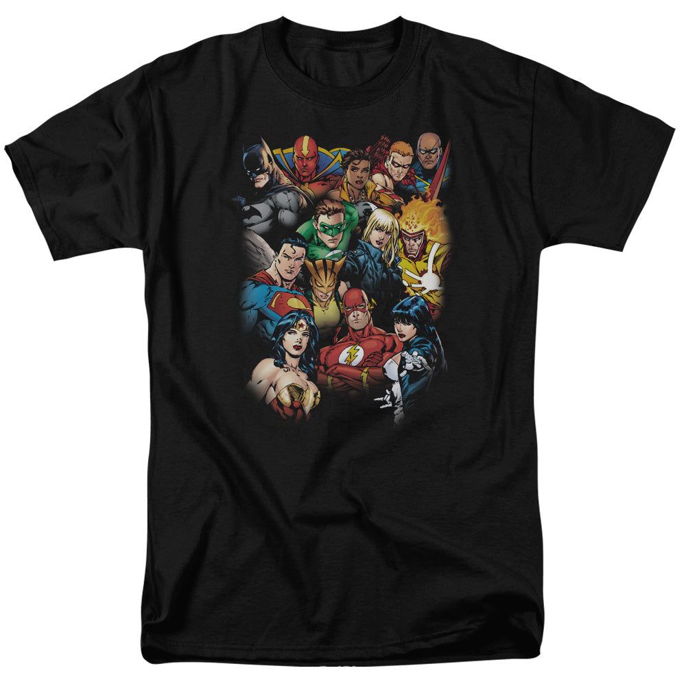 Justice League the Leagues All Here Mens T Shirt Black Retro Pop Classics