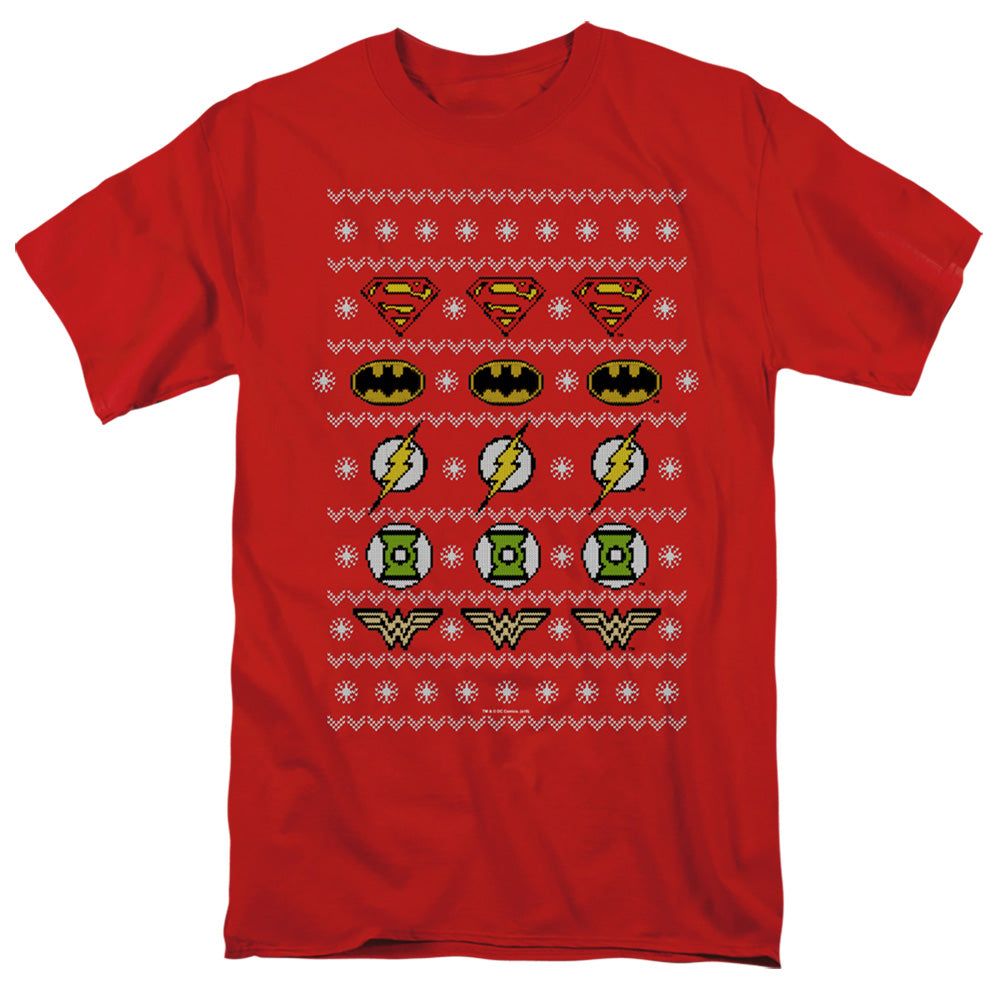 Justice League Justice Shields Christmas Sweater Mens T Shirt Red Retro Pop Classics