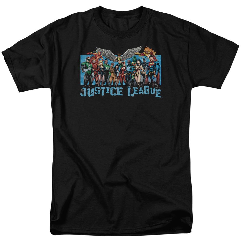 Justice League League Lineup Mens T Shirt Black Retro Pop Classics