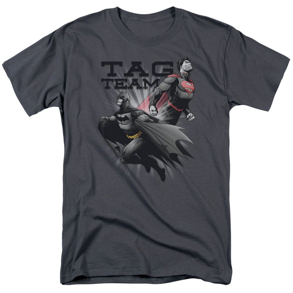 Justice League Tag Team Mens T Shirt Charcoal Retro Pop Classics